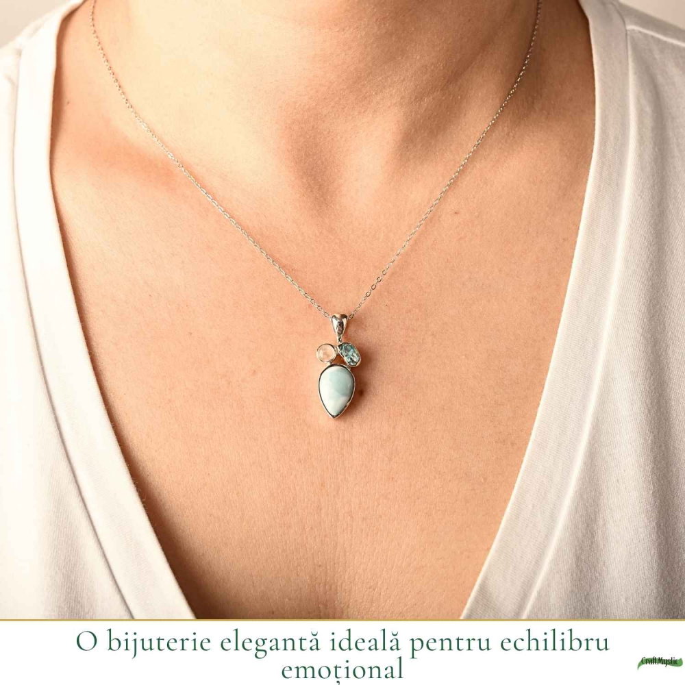 Colier Argint 925 cu Larimar, Apatit Albastru si Piatra Lunii Floare – Feminitate si Calm [2]