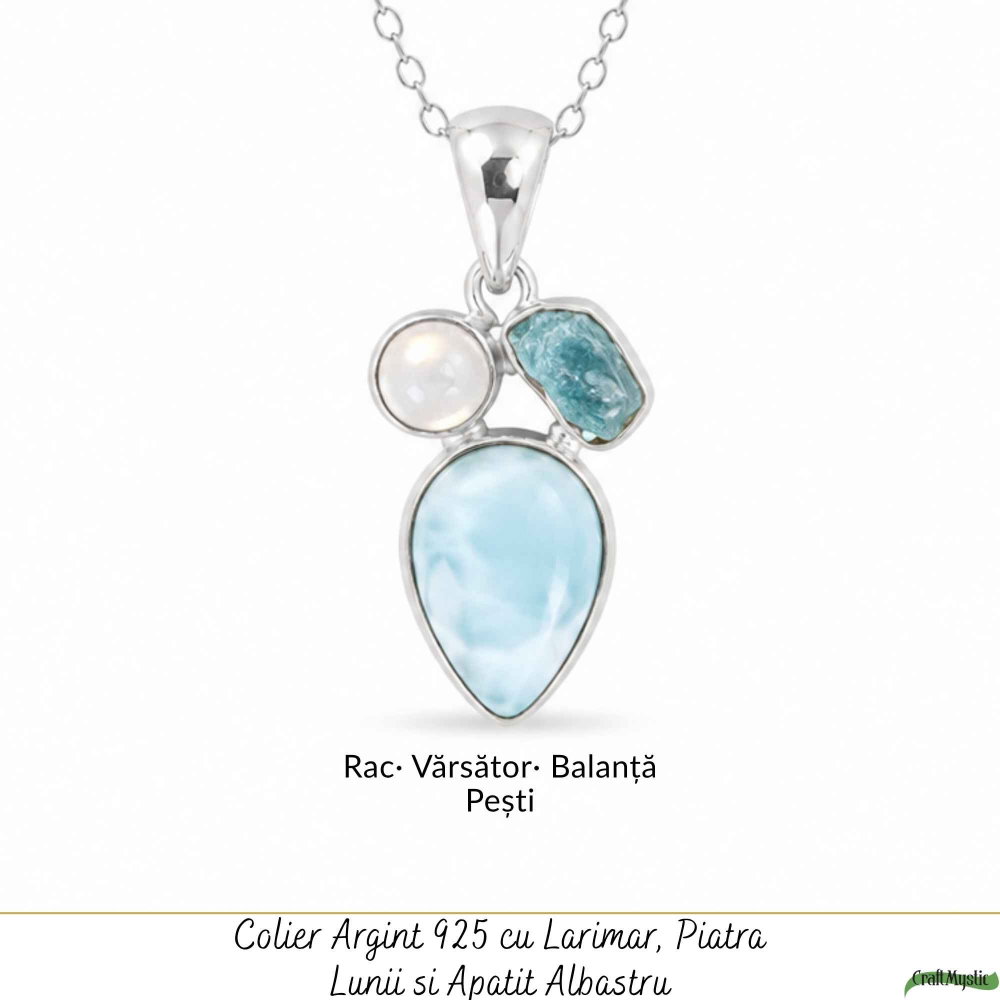 Colier Argint 925 cu Larimar, Apatit Albastru si Piatra Lunii Floare – Feminitate si Calm [5]