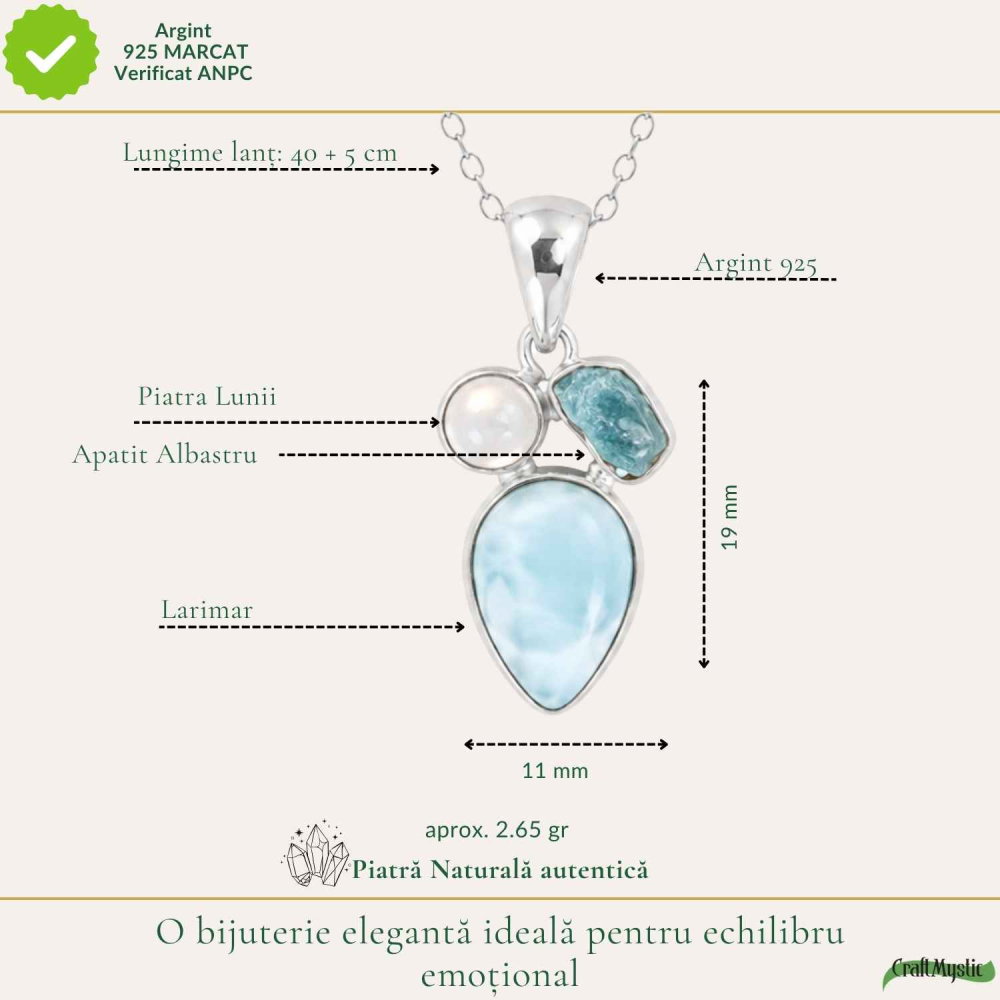 Colier Argint 925 cu Larimar, Apatit Albastru si Piatra Lunii Floare – Feminitate si Calm [4]