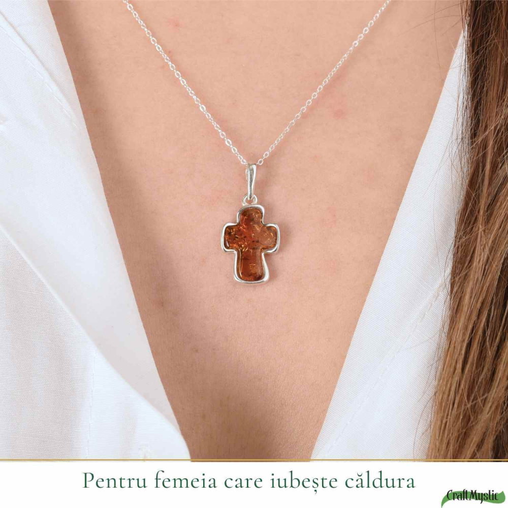 Colier argint 925 cu cruce mica si chihlimbar natural – Protectie si energie solara [2]