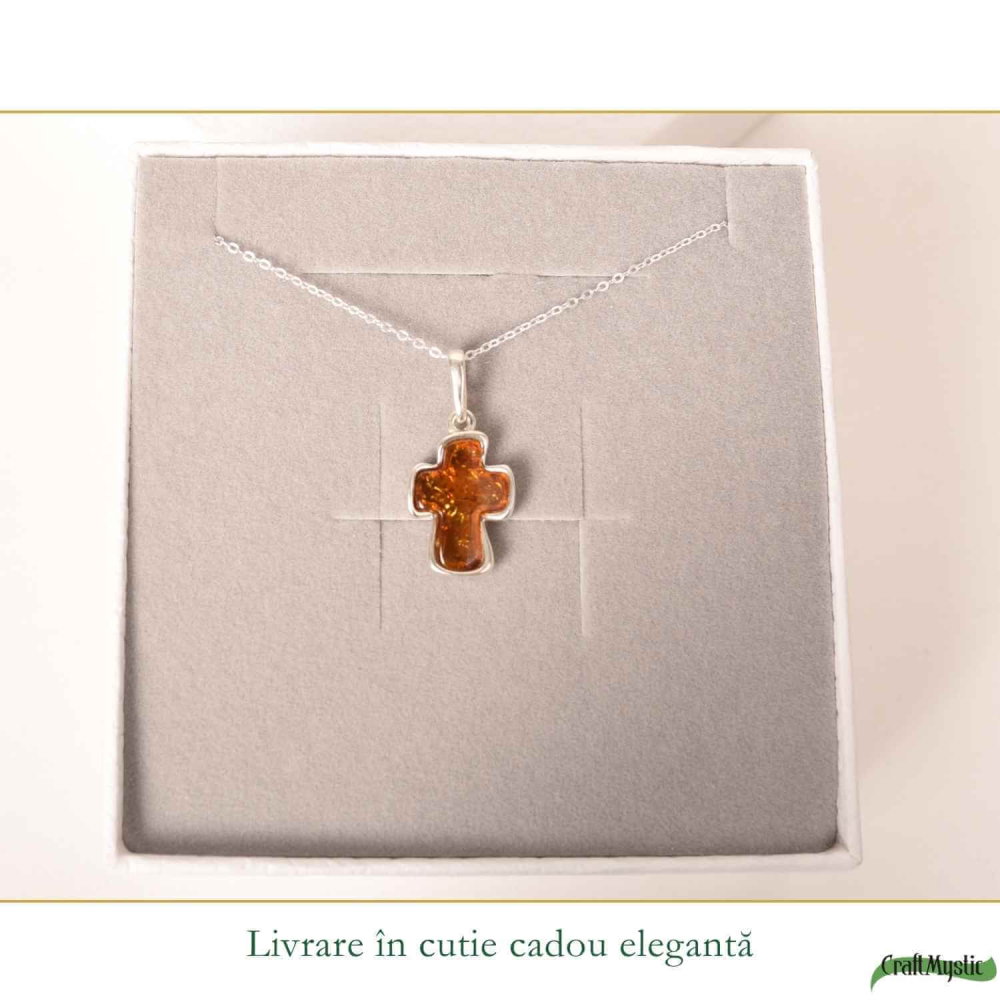 Colier argint 925 cu cruce mica si chihlimbar natural – Protectie si energie solara [6]
