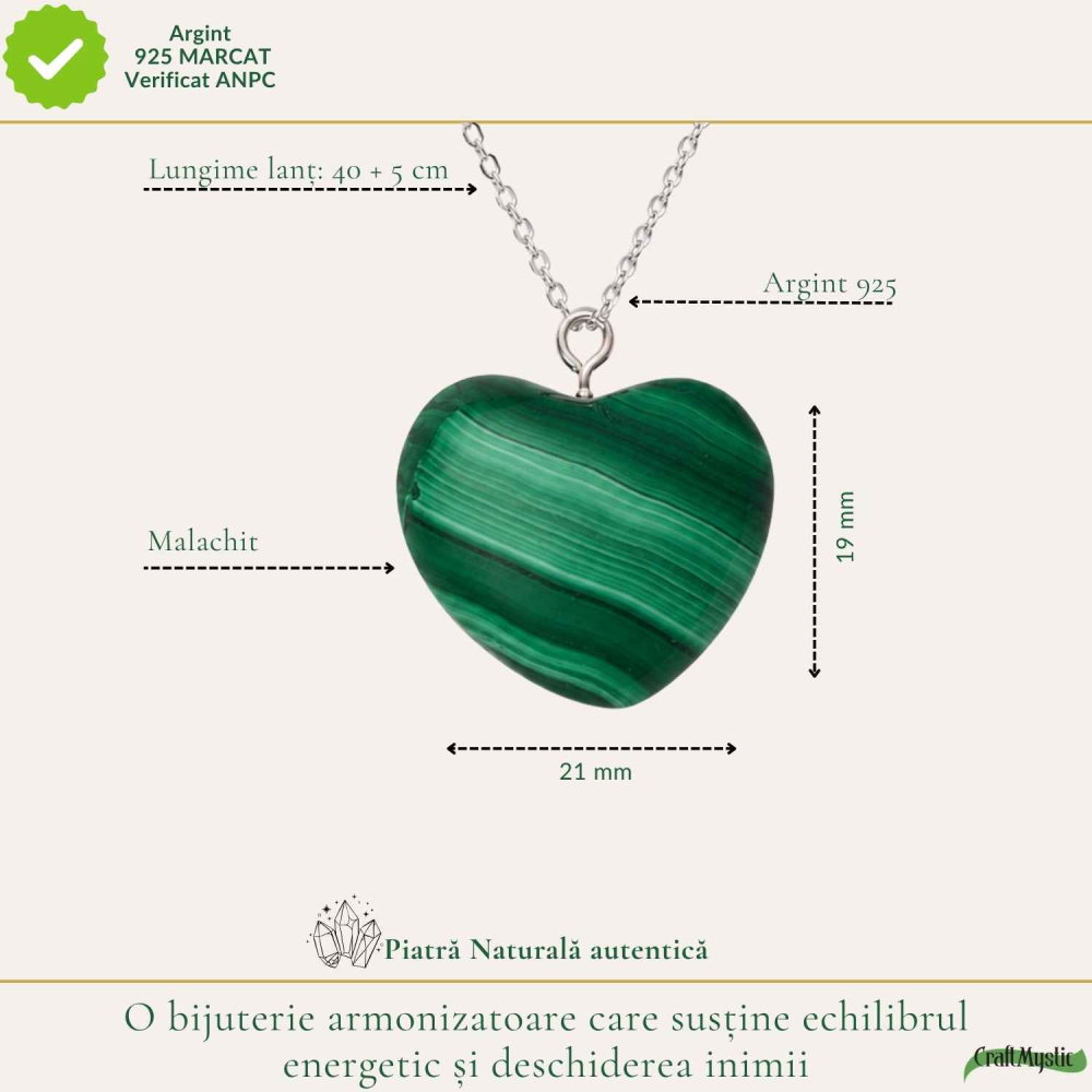 Colier cu Malachit Natural in Forma de Inima si lant argint 925– Transformare si Echilibru Emotional [4]