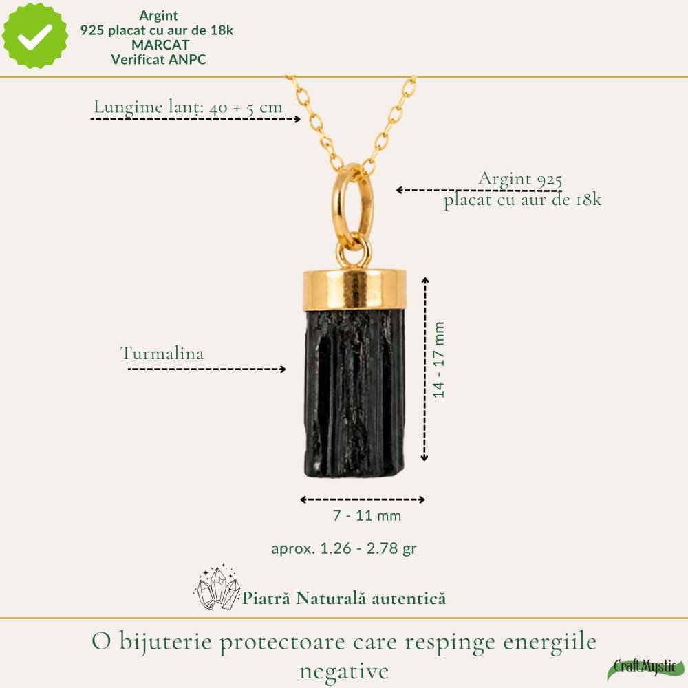 Colier Argint 925 Placat Aur 18K cu Turmalina Neagra Bruta – Protectie si Ancorare [4]