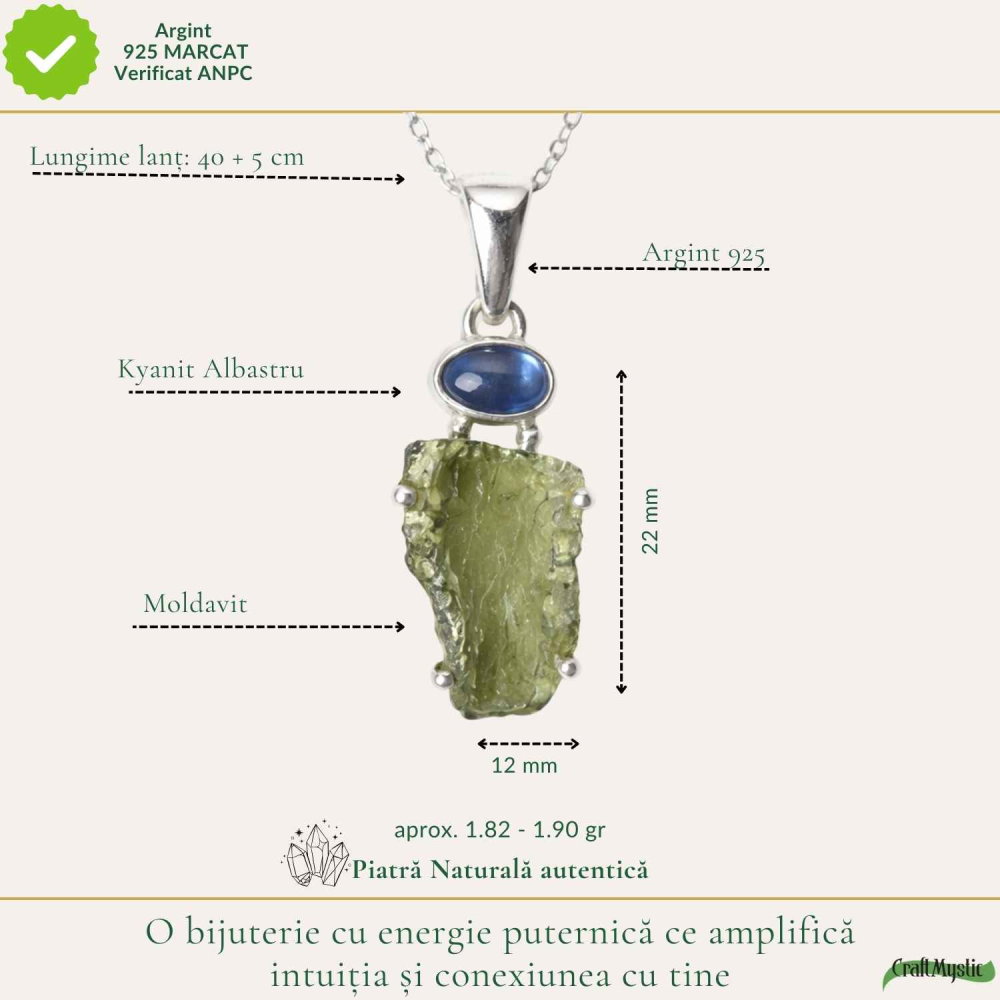 Colier Argint 925 cu Moldavit Brut si Kyanit Albastru – Claritate si Echilibru [4]