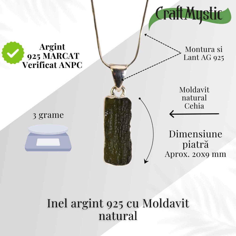 Colier Argint 925 cu Moldavit natural brut 3 g – talisman de transformare Meta descriere: [2]