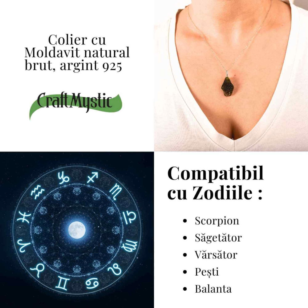 Colier Argint 925 cu MoColier Argint 925 cu Moldavit natural brut 2.9 g – prezenta, sens si spatiu pentru tineldavit natural brut 2.8 g – simbol al schimbarii asumate si al echilibrului [6]