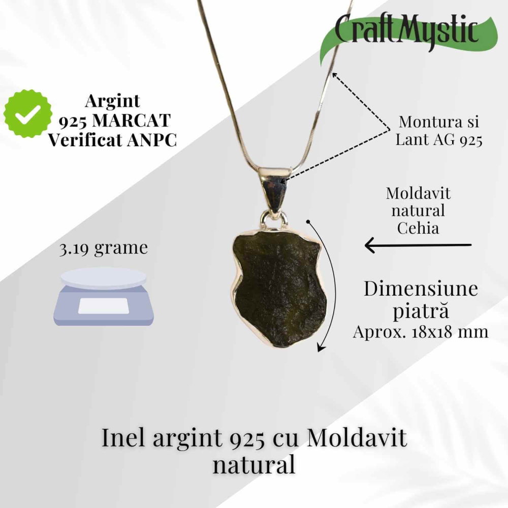 Colier argint 925 cu Moldavit natural brut 3.19 g – piatra energiei cosmice [3]