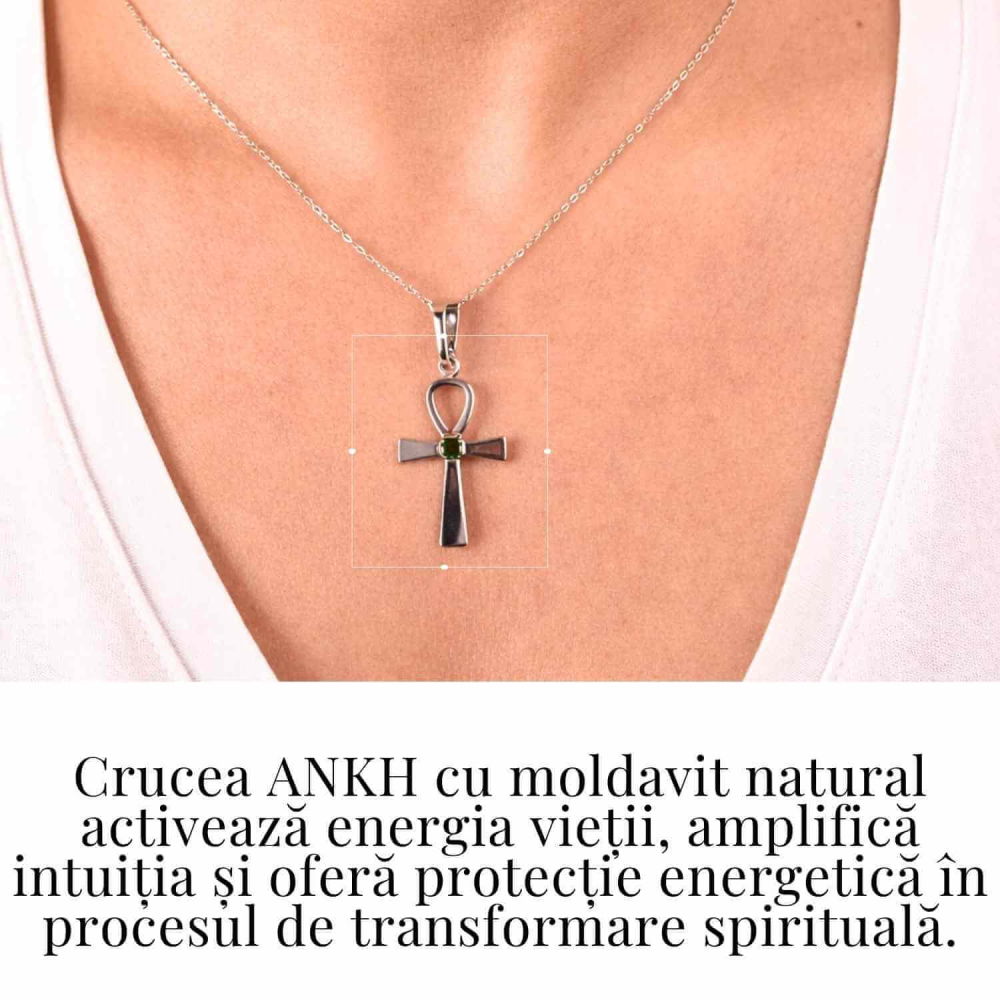 Colier Argint 925 Crucea ANKH cu Moldavit natural fatetat – simbol al vietii si transformarii [2]