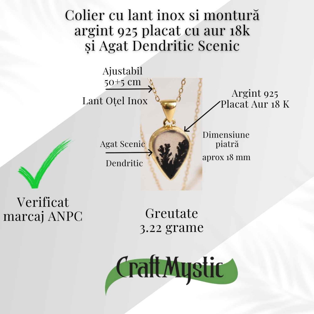 Colier lant inox cu pandantiv montura pe argint 925 placat cu aur 18k si Agat Scenic Dentritic - Claritate si echilibru emotional [4]