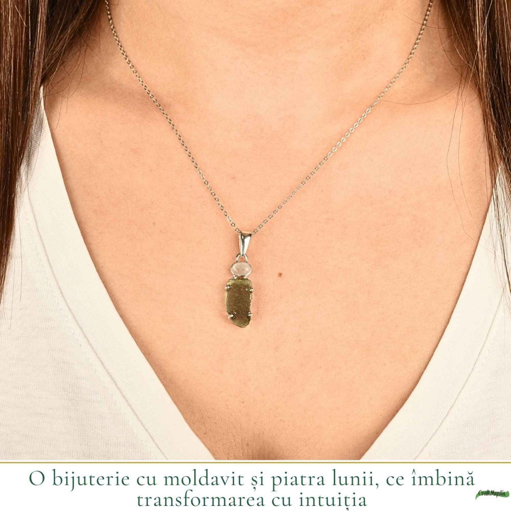 Colier Argint 925 cu Moldavit si Piatra Lunii – Intuitie si Echilibru Interior [2]