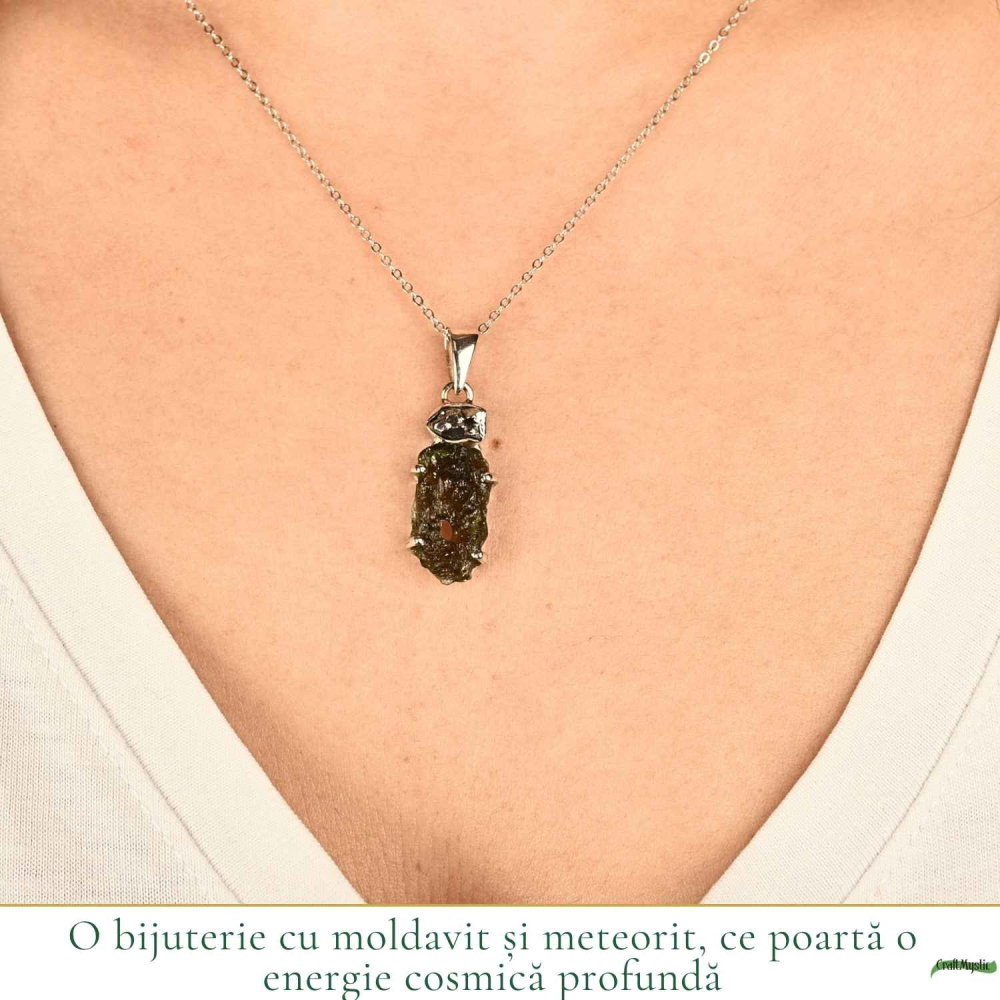 Colier Argint 925 cu Moldavit si Meteorit Brut – Transformare si Energie Cosmice [2]