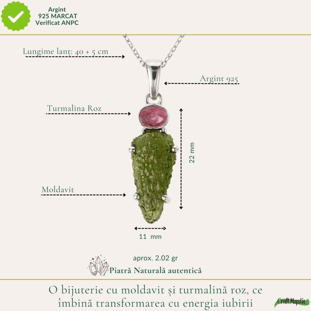 Colier argint 925 cu Moldavit si Turmalina Roz natural – Iubire, Echilibru si Transformare [4]