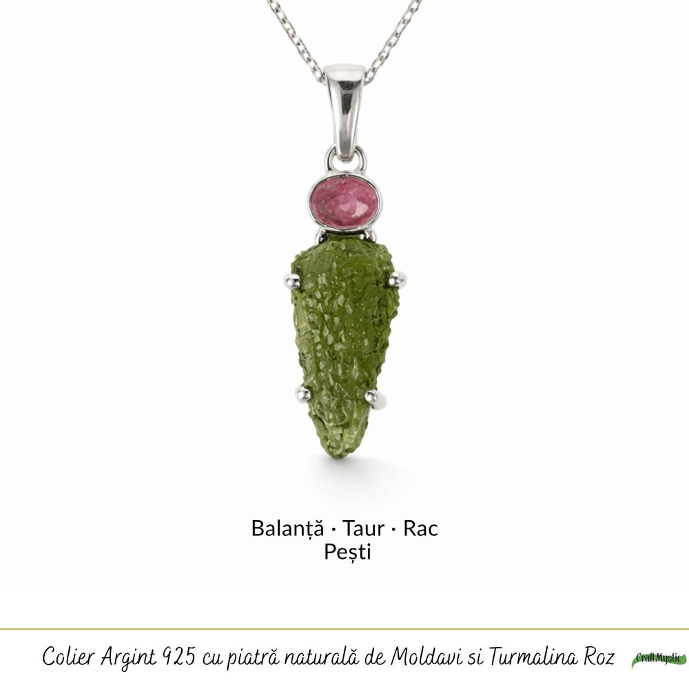Colier argint 925 cu Moldavit si Turmalina Roz natural – Iubire, Echilibru si Transformare [5]