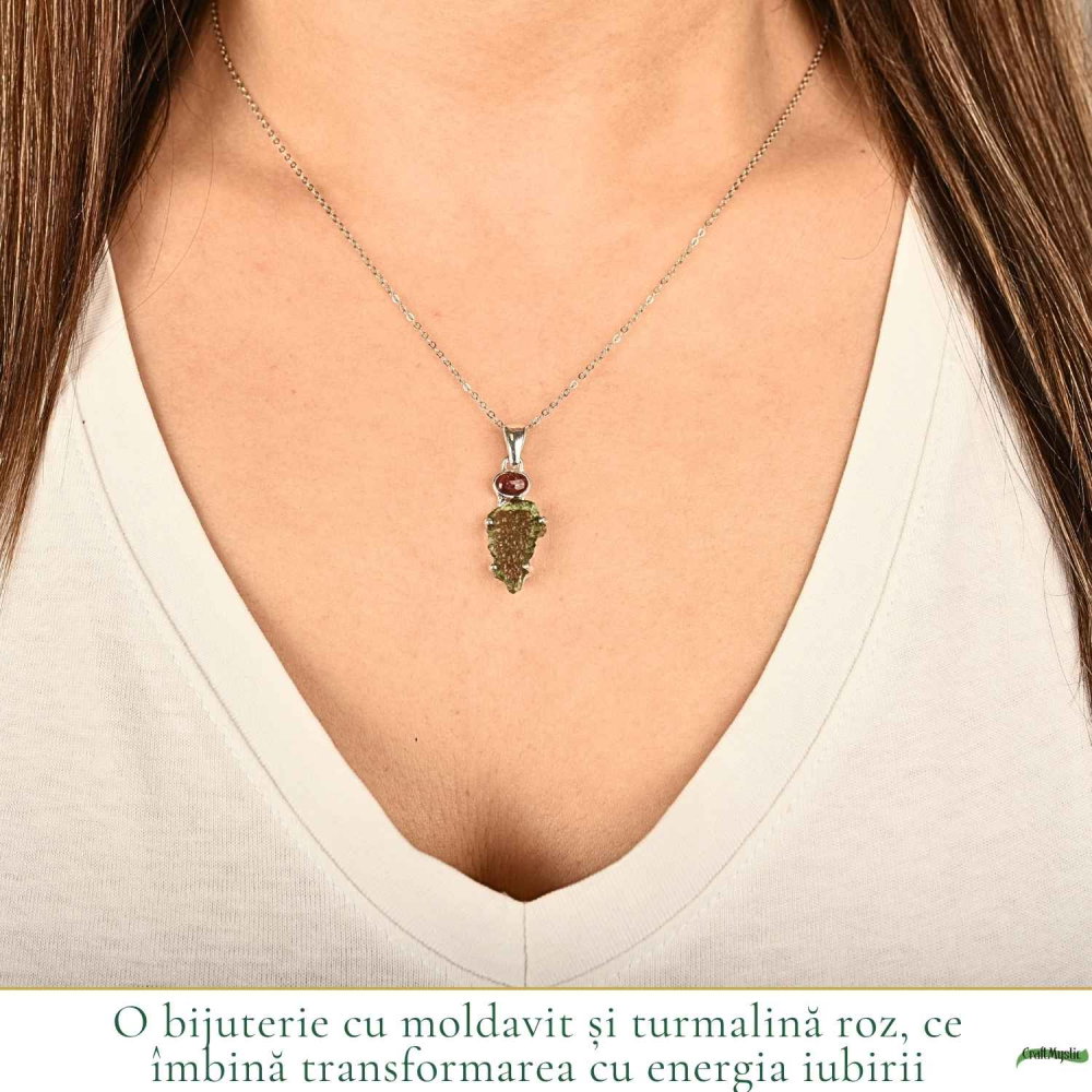 Colier argint 925 cu Moldavit si Turmalina Roz natural – Iubire, Echilibru si Transformare [2]