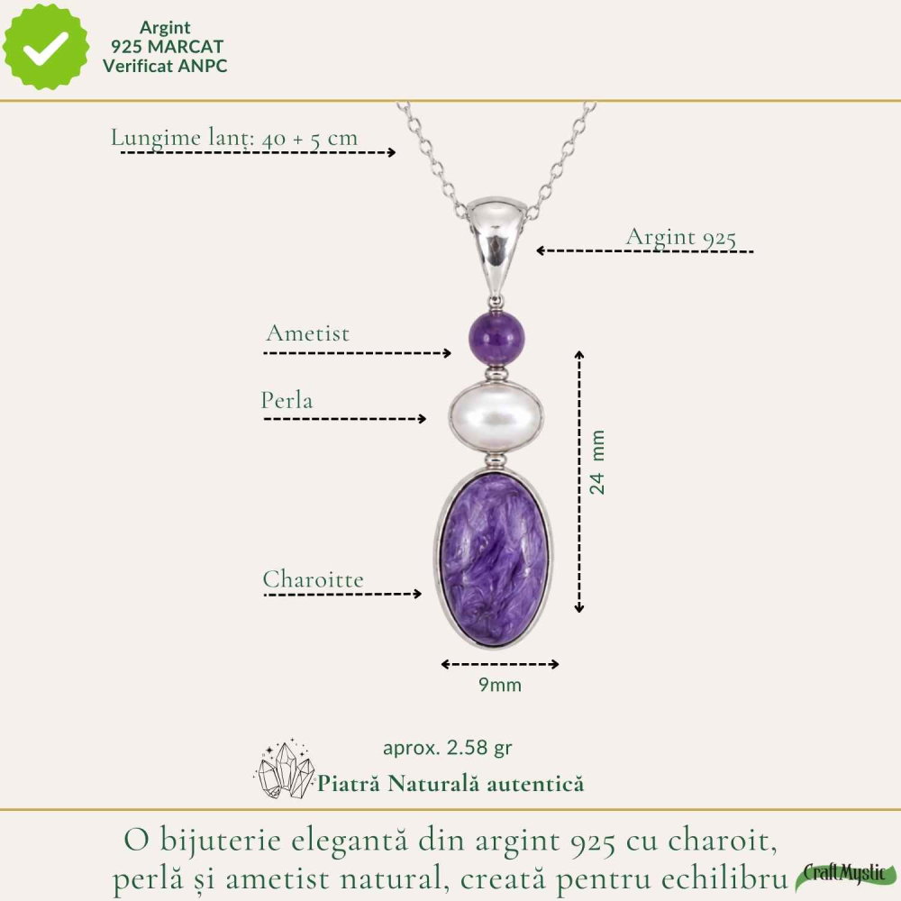 Colier Argint 925 cu Charoit, Perla si Ametist– Calm si Echilibru Emotional [4]