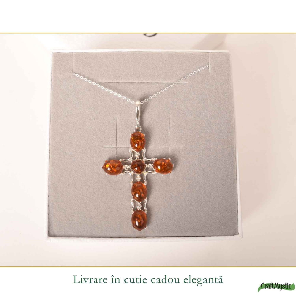 Colier argint 925 cu cruce din margele ovale si chihlimbar natural – Protectie si energie solara [6]