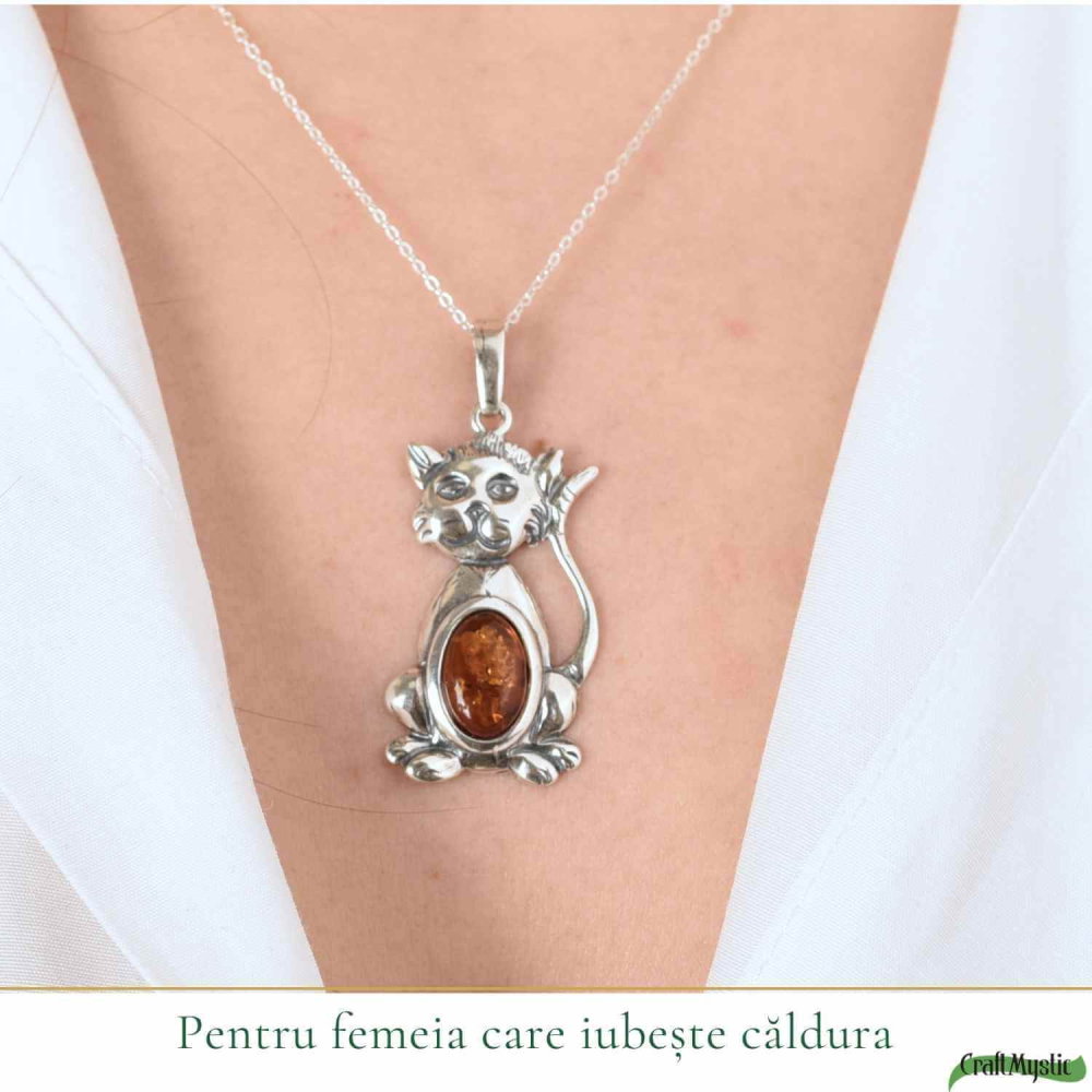 Colier argint 925 cu pisica si chihlimbar natural – Energie solara si protectie [2]
