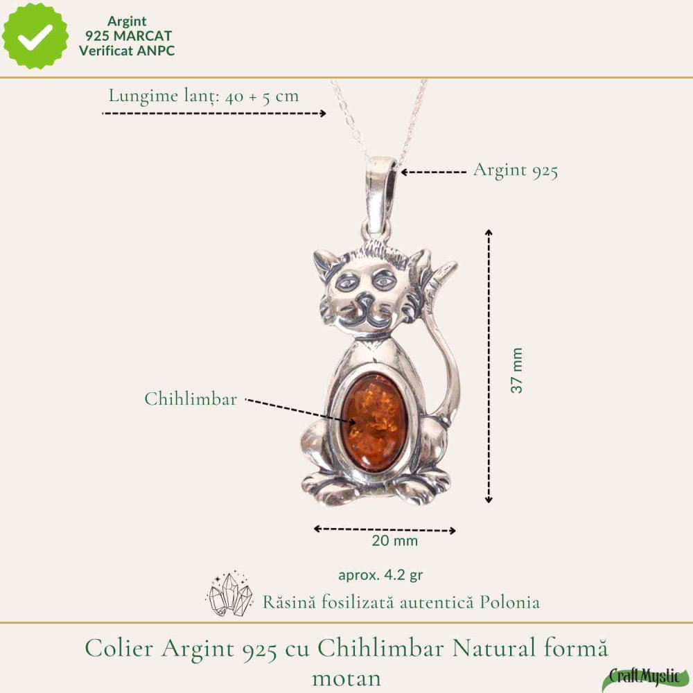 Colier argint 925 cu pisica si chihlimbar natural – Energie solara si protectie [4]