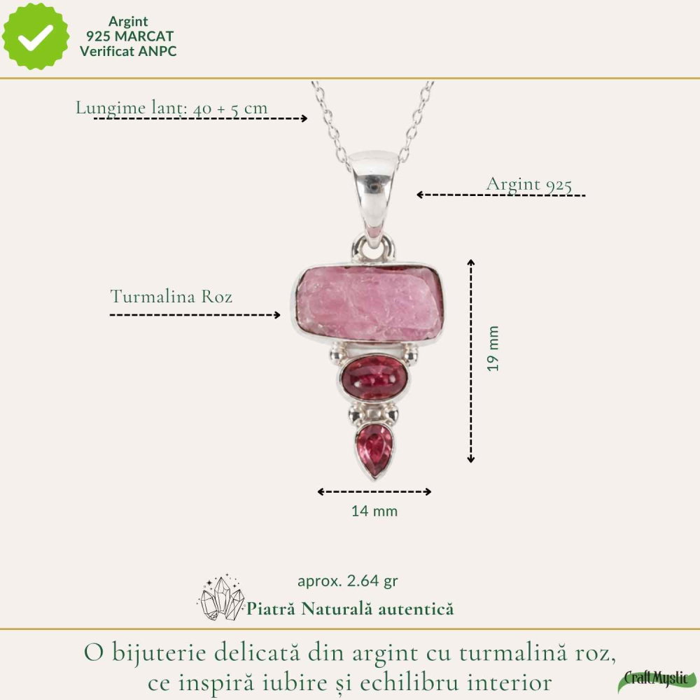 Colier Argint 925 cu Triplu Turmalina Roz – Iubire si Echilibru Emotional [4]