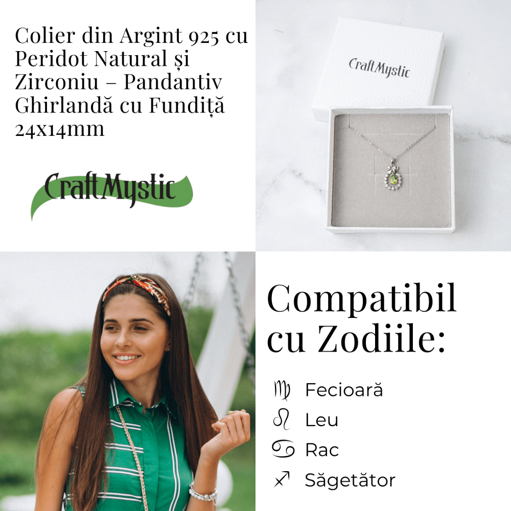 Colier Argint 925 cu Peridot Natural si Zirconiu – Pandantiv Ghirlanda cu Fundita, Simbol al Armoniei si Prosperitatii [4]