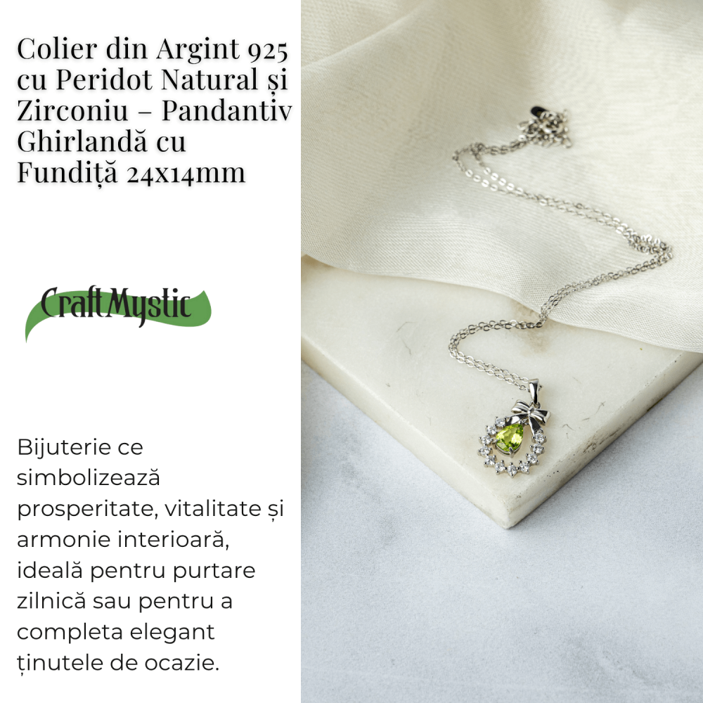 Colier Argint 925 cu Peridot Natural si Zirconiu – Pandantiv Ghirlanda cu Fundita, Simbol al Armoniei si Prosperitatii [3]