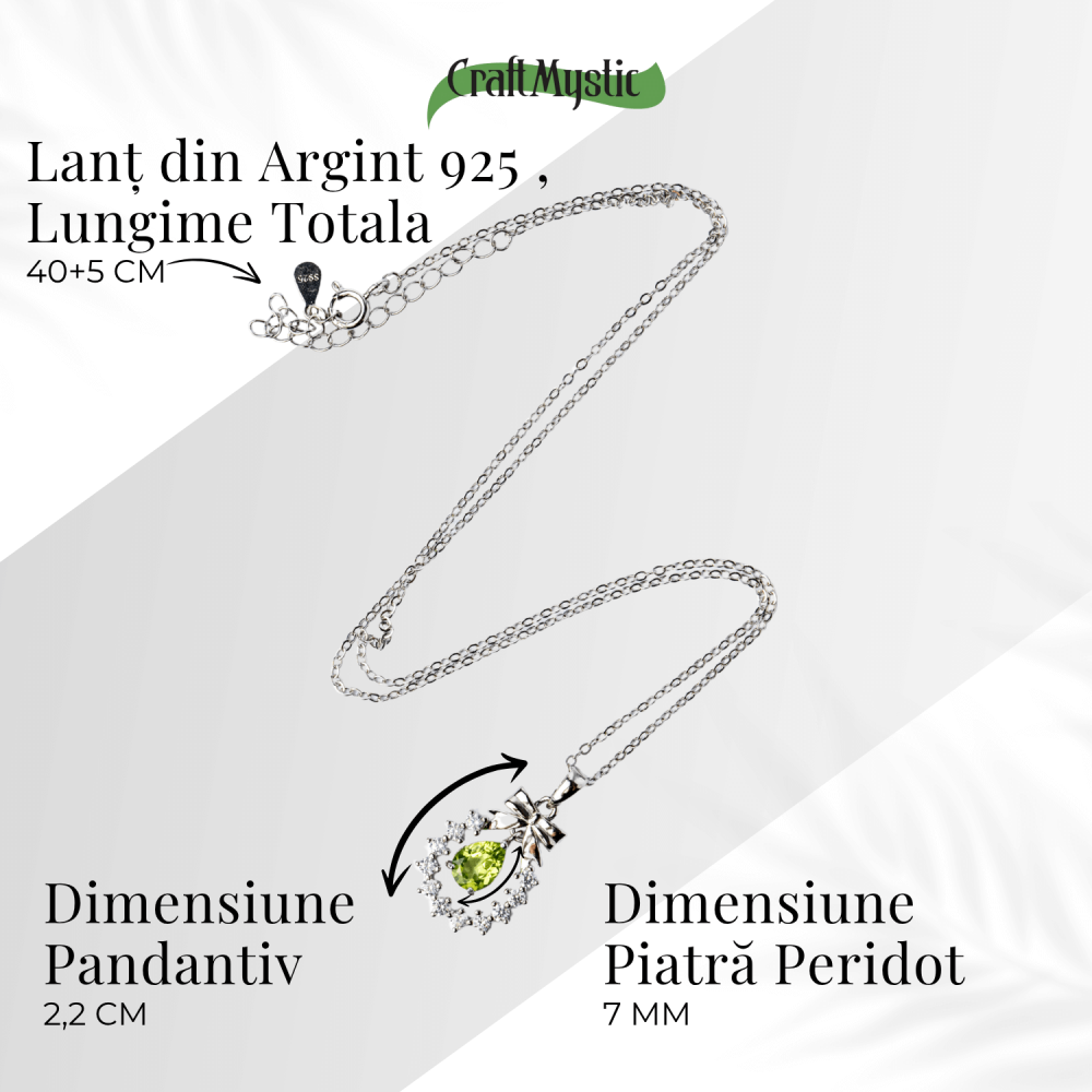 Colier Argint 925 cu Peridot Natural si Zirconiu – Pandantiv Ghirlanda cu Fundita, Simbol al Armoniei si Prosperitatii [5]