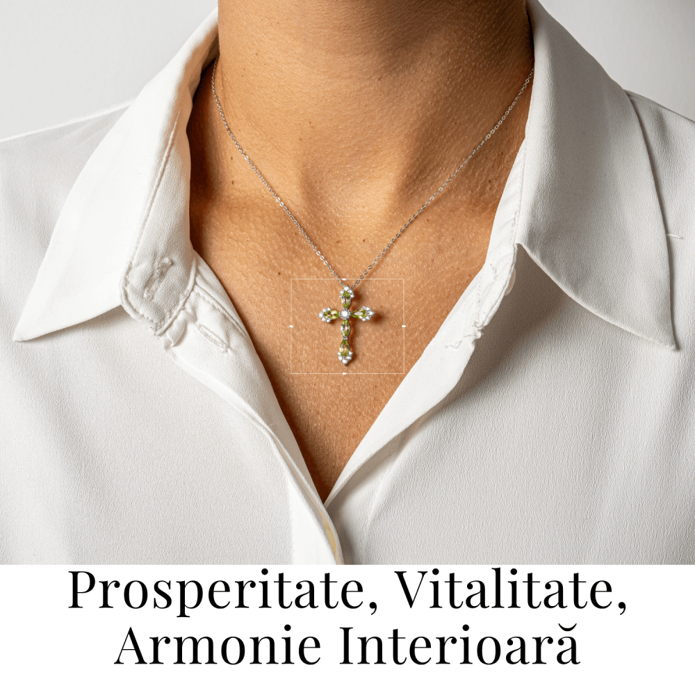 Colier Argint 925 cu Crucifix din Peridot Natural si Zirconiu – Simbol al Prosperitatii, Vitalitatii si Armoniei Interioare [2]
