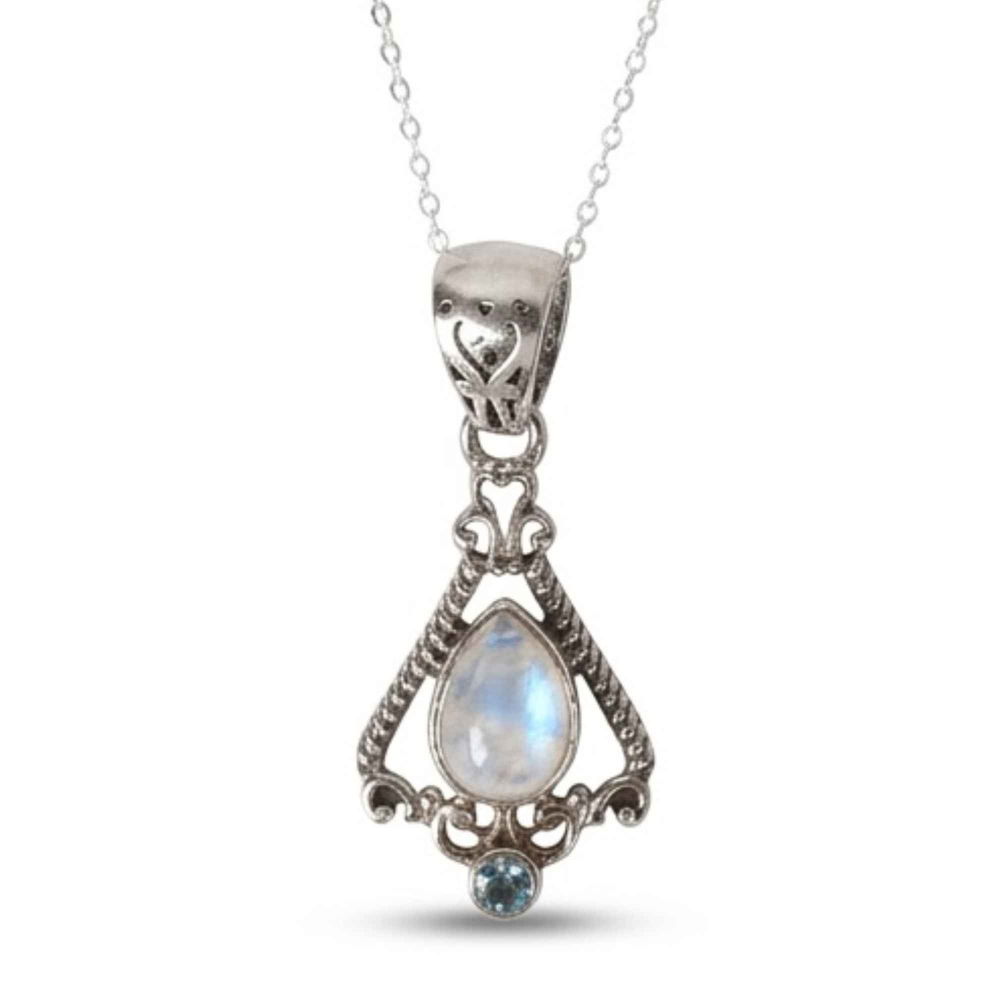 Colier Argint 925 Floare cu Piatra Lunii si Topaz Albastru – Echilibru si Claritate [1]