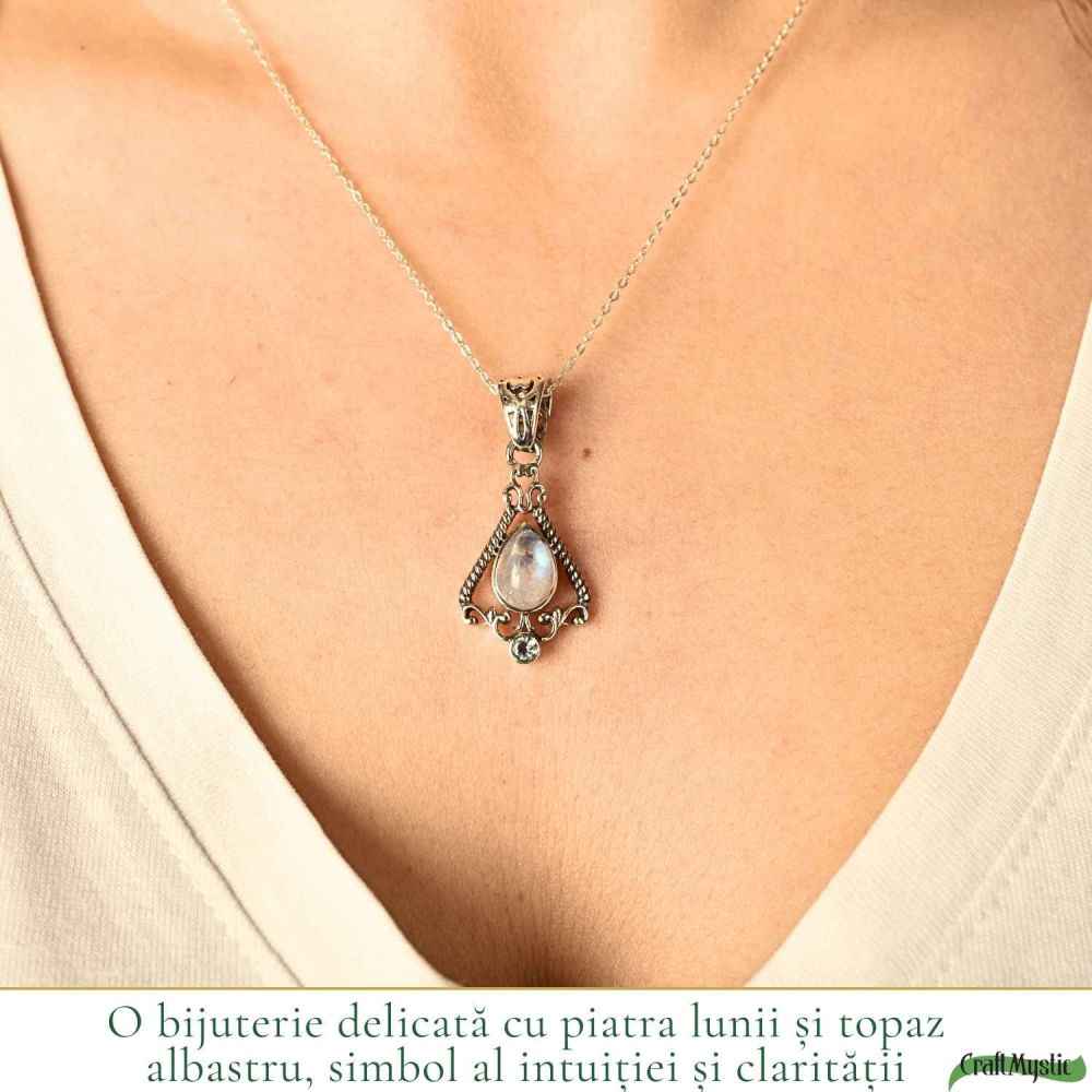 Colier Argint 925 Floare cu Piatra Lunii si Topaz Albastru – Echilibru si Claritate [2]