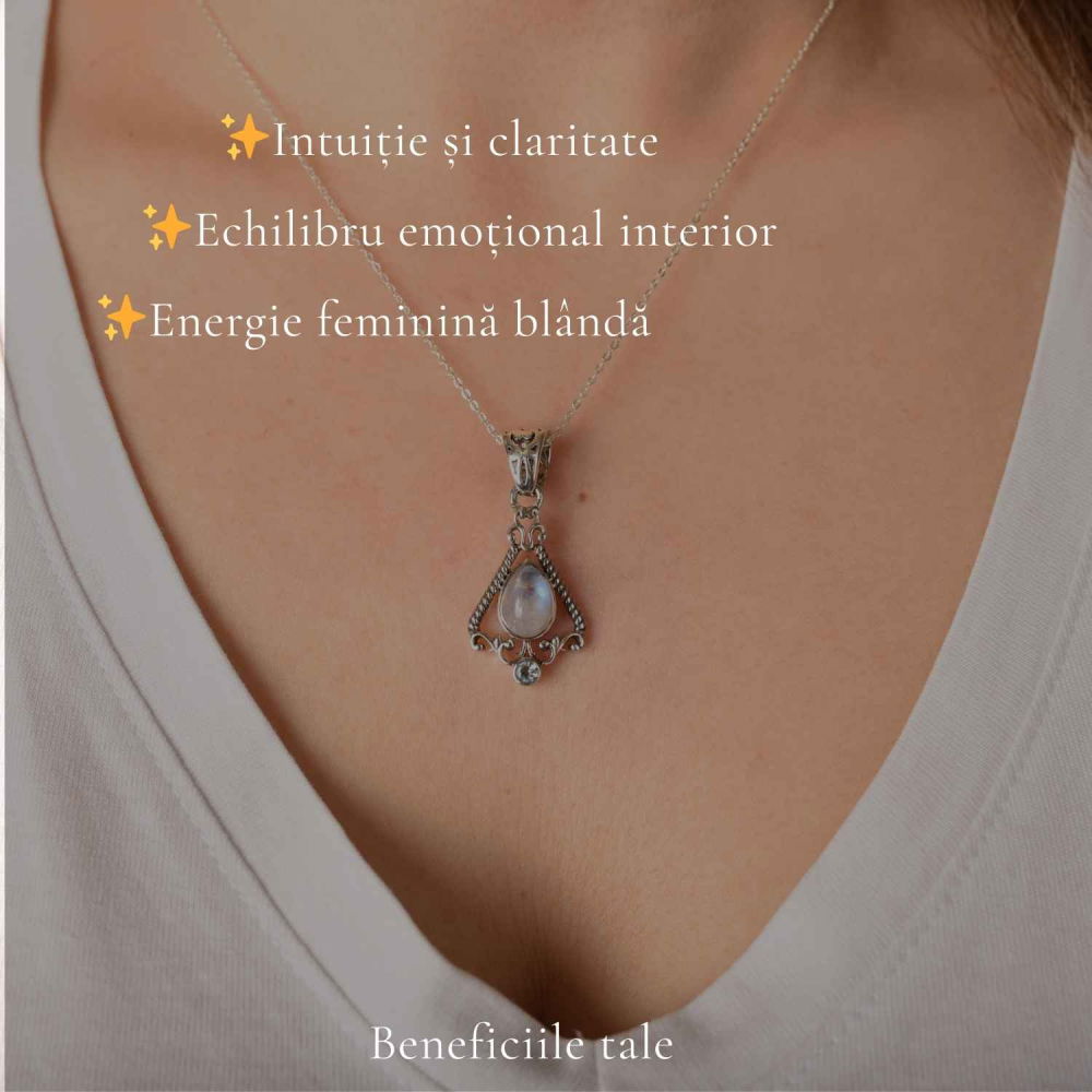 Colier Argint 925 Floare cu Piatra Lunii si Topaz Albastru – Echilibru si Claritate [3]