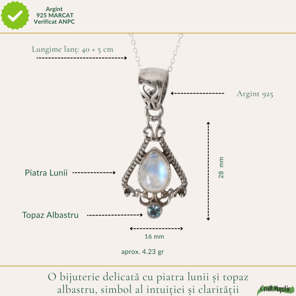 Colier Argint 925 Floare cu Piatra Lunii si Topaz Albastru – Echilibru si Claritate [4]