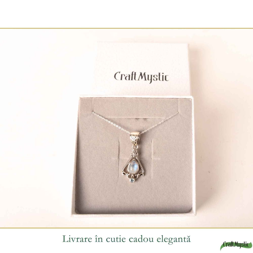 Colier Argint 925 Floare cu Piatra Lunii si Topaz Albastru – Echilibru si Claritate [6]