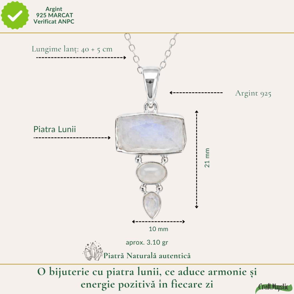 Colier Argint 925 cu Tripla Piatra Lunii – Intuitie si Echilibru Emotional [4]