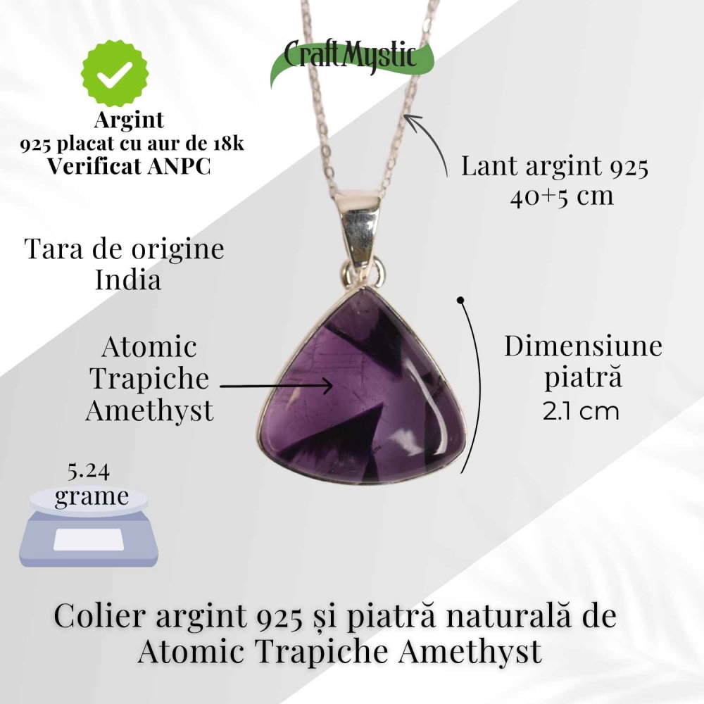 Colier argint 925 cu piatra naturala Atomic Trapiche Amethyst triunghiular – Protectie si Claritate Spirituala [5]