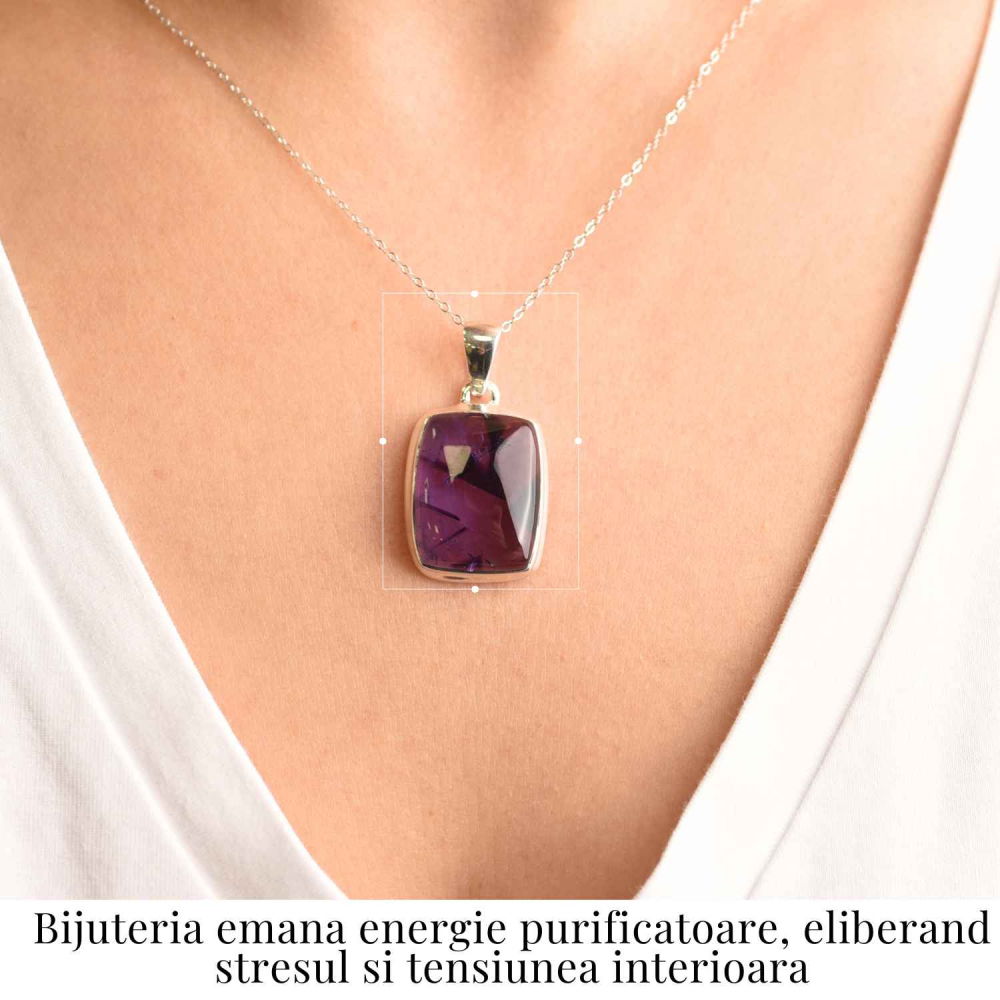Colier argint 925 cu piatra naturala Atomic Trapiche Amethyst dreptunghiular – Claritate si Echilibru Divin [2]