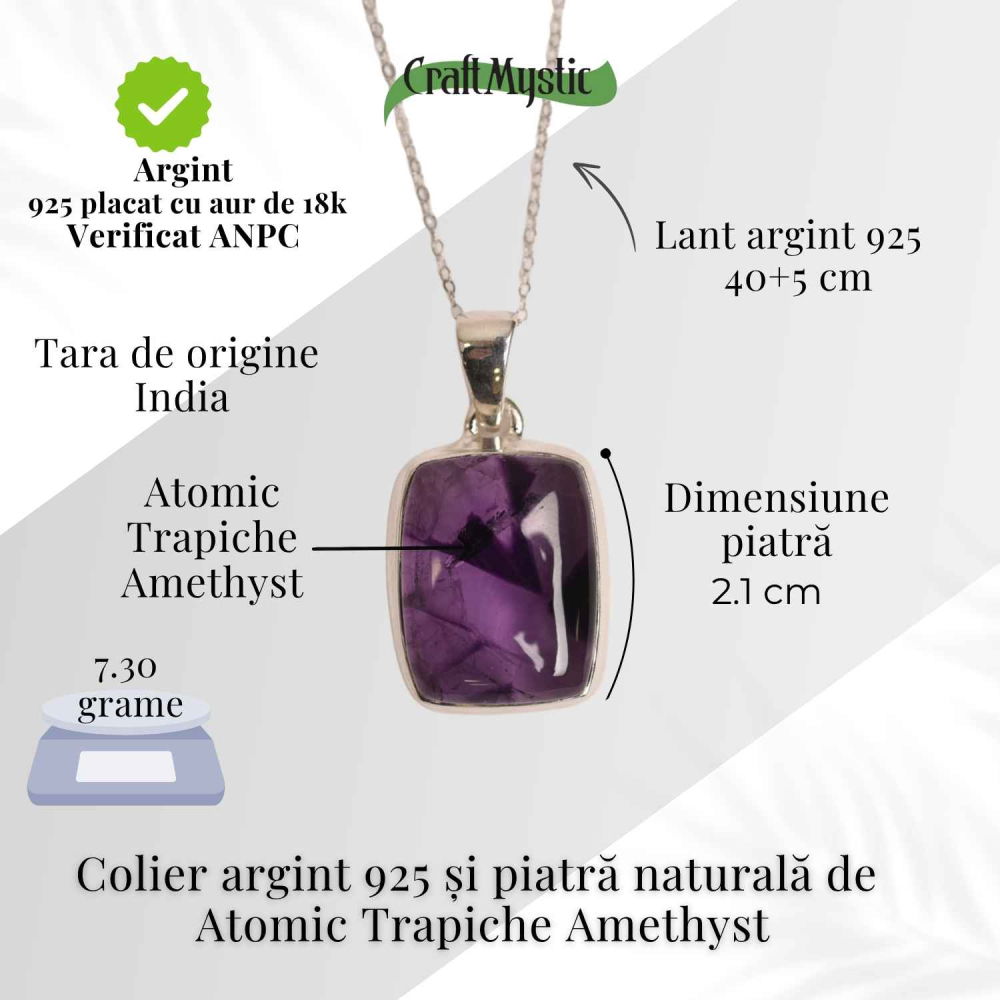Colier argint 925 cu piatra naturala Atomic Trapiche Amethyst dreptunghiular – Claritate si Echilibru Divin [5]