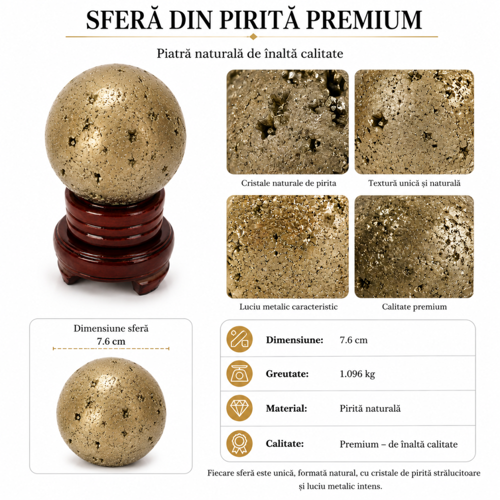 Sfera din Pirita Naturala Premium cu Suport – Prosperitate si Protectie Energetica [4]