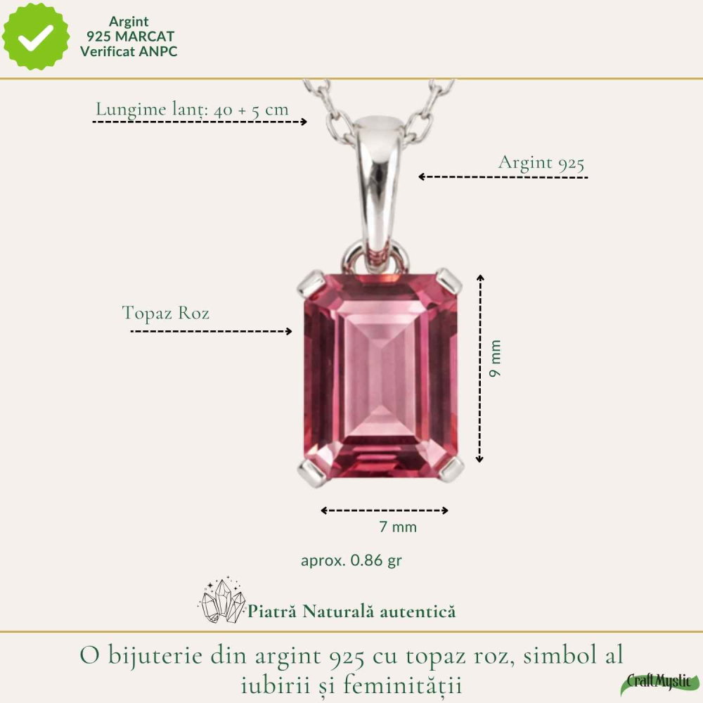 Colier argint 925 cu Topaz Roz forma de dreptunghi – Iubire si echilibru emotional [4]