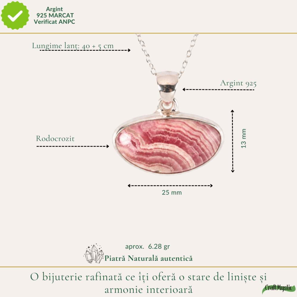 Colier Argint 925 cu Rodocrozit Natural Oval – Armonie si Energie Pozitiva [4]
