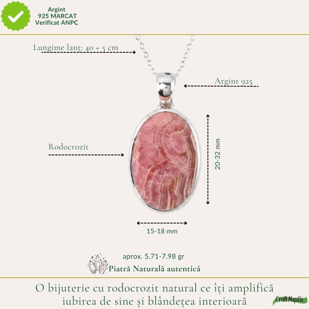 Colier Argint 925 cu Rodocrozit Natural Oval – Echilibru Emotional si Energie Blanda [4]