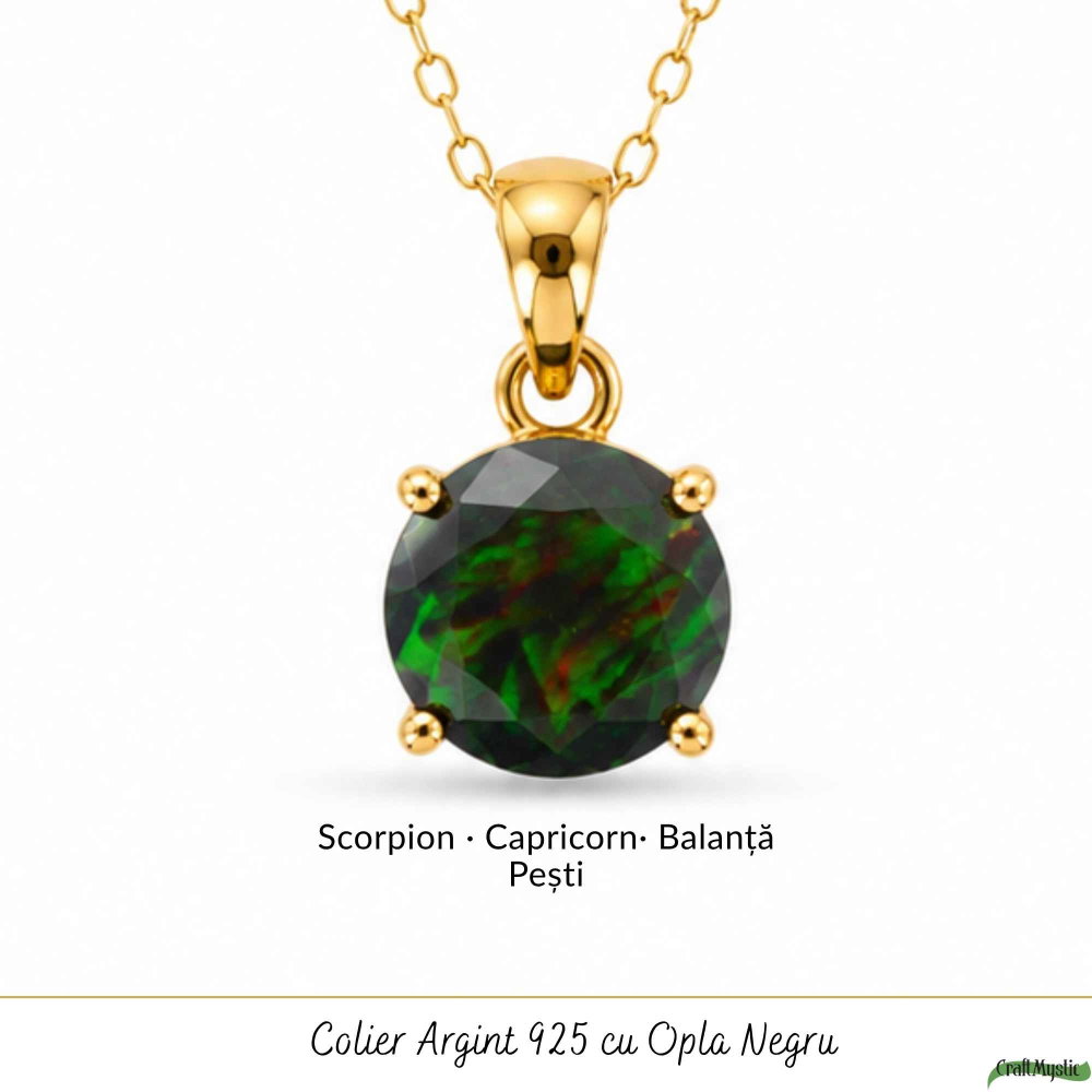 Colier Argint 925 Placat cu Aur 18K cu Opal Negru Rotund – Protectie si Mister [5]