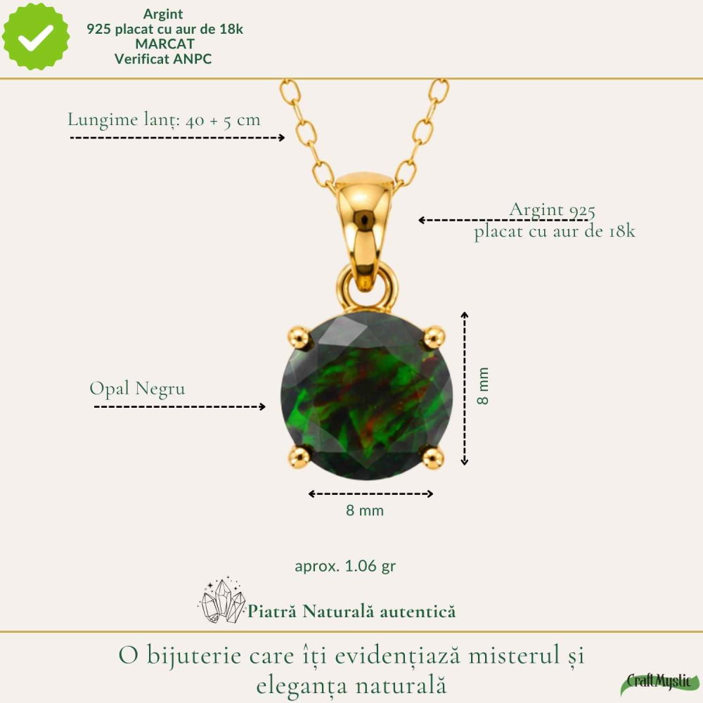 Colier Argint 925 Placat cu Aur 18K cu Opal Negru Rotund – Protectie si Mister [4]