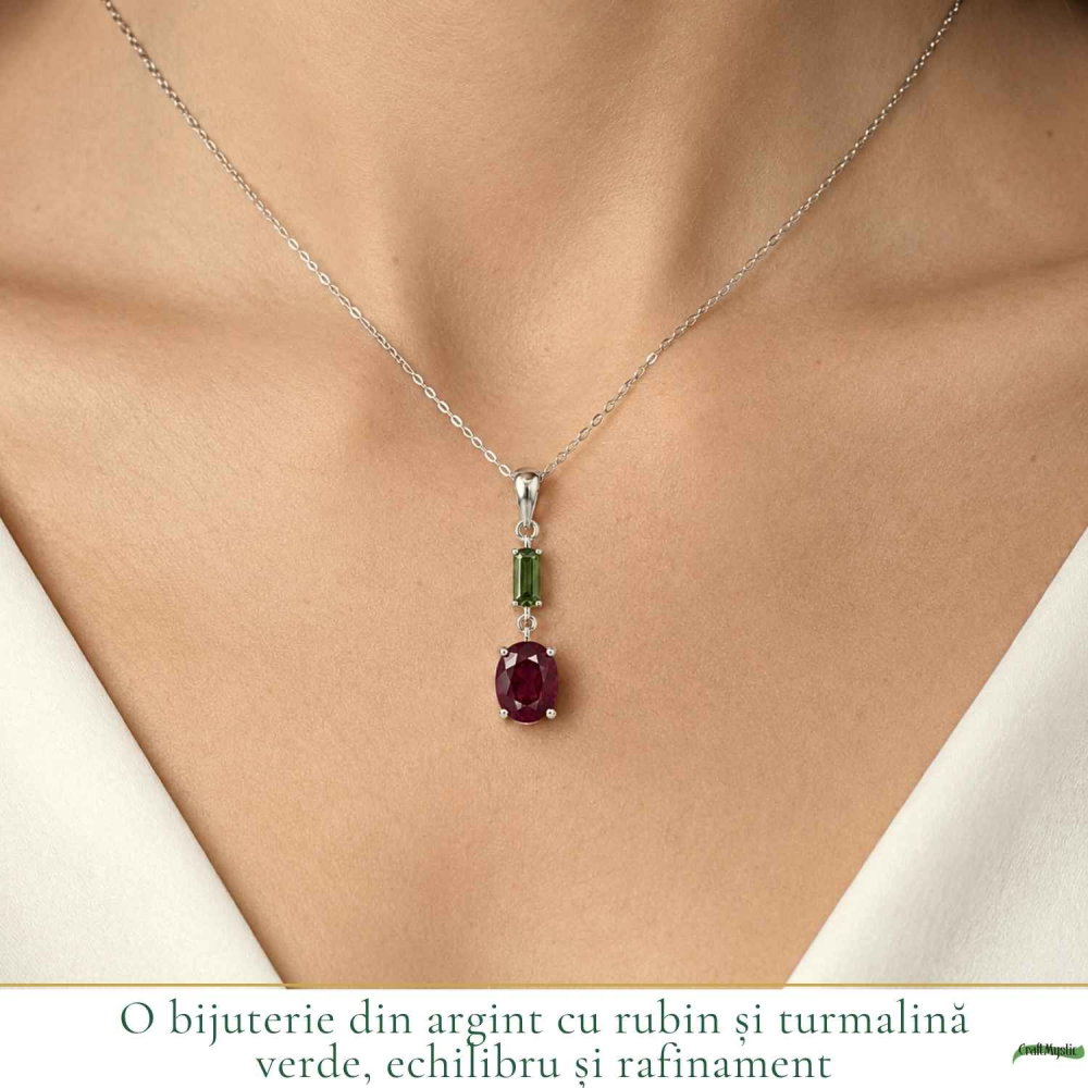 Colier Argint 925 cu Rubin si Turmalina Verde Naturala Oval si Dreptunghi – Iubire si Echilibru Interior [2]