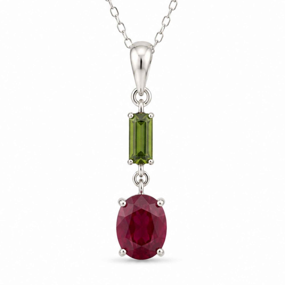 Colier Argint 925 cu Rubin si Turmalina Verde Naturala Oval si Dreptunghi – Iubire si Echilibru Interior [1]