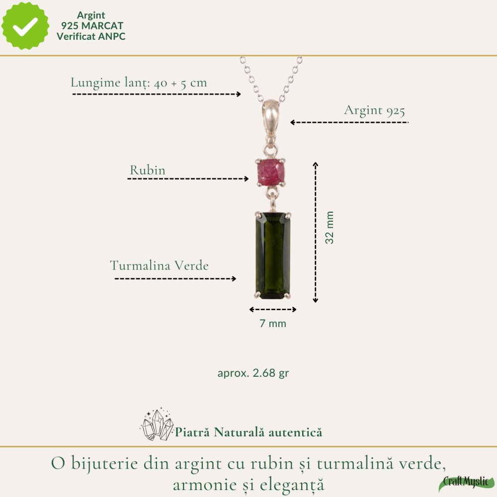 Colier Argint 925 cu Rubin si Turmalina Verde Naturala Patrat si Dreptunghi – Dragoste si Echilibru [4]