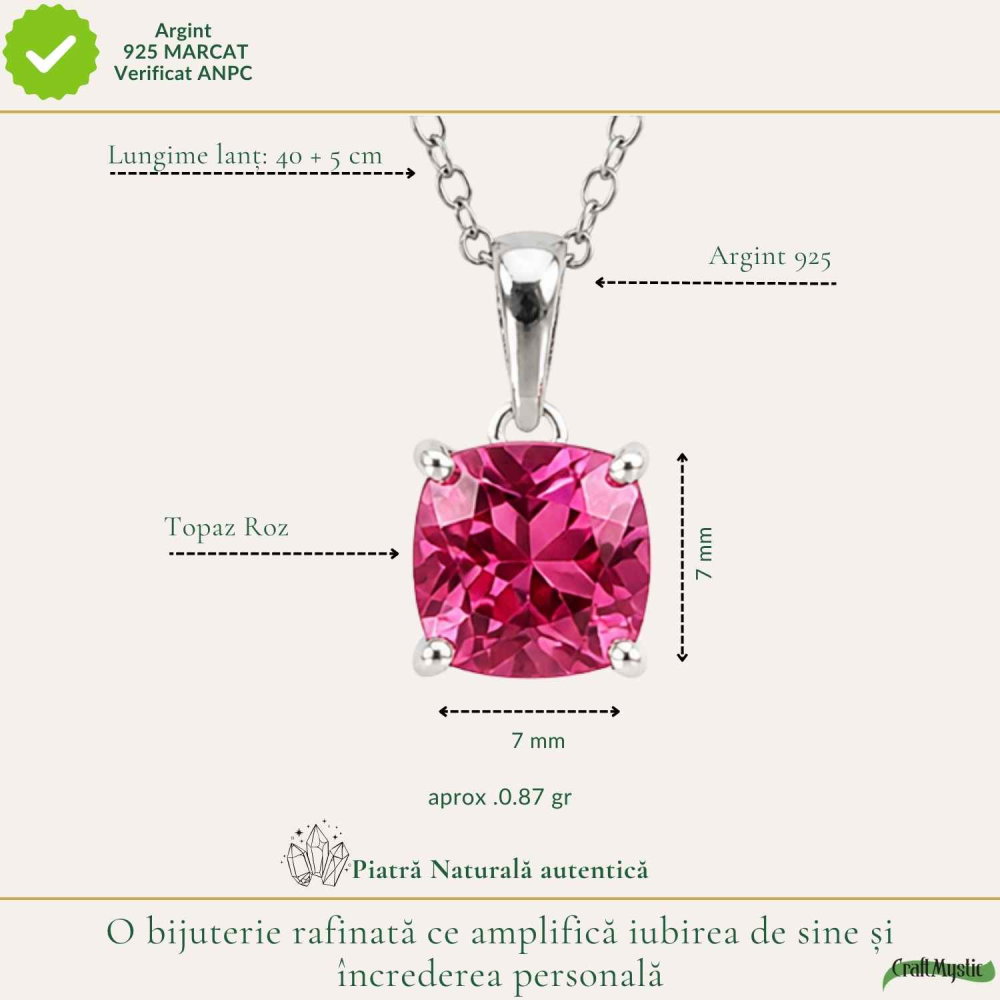 Colier Argint 925 cu Topaz Roz Patrat – Echilibru Emotional si Iubire de Sine [4]