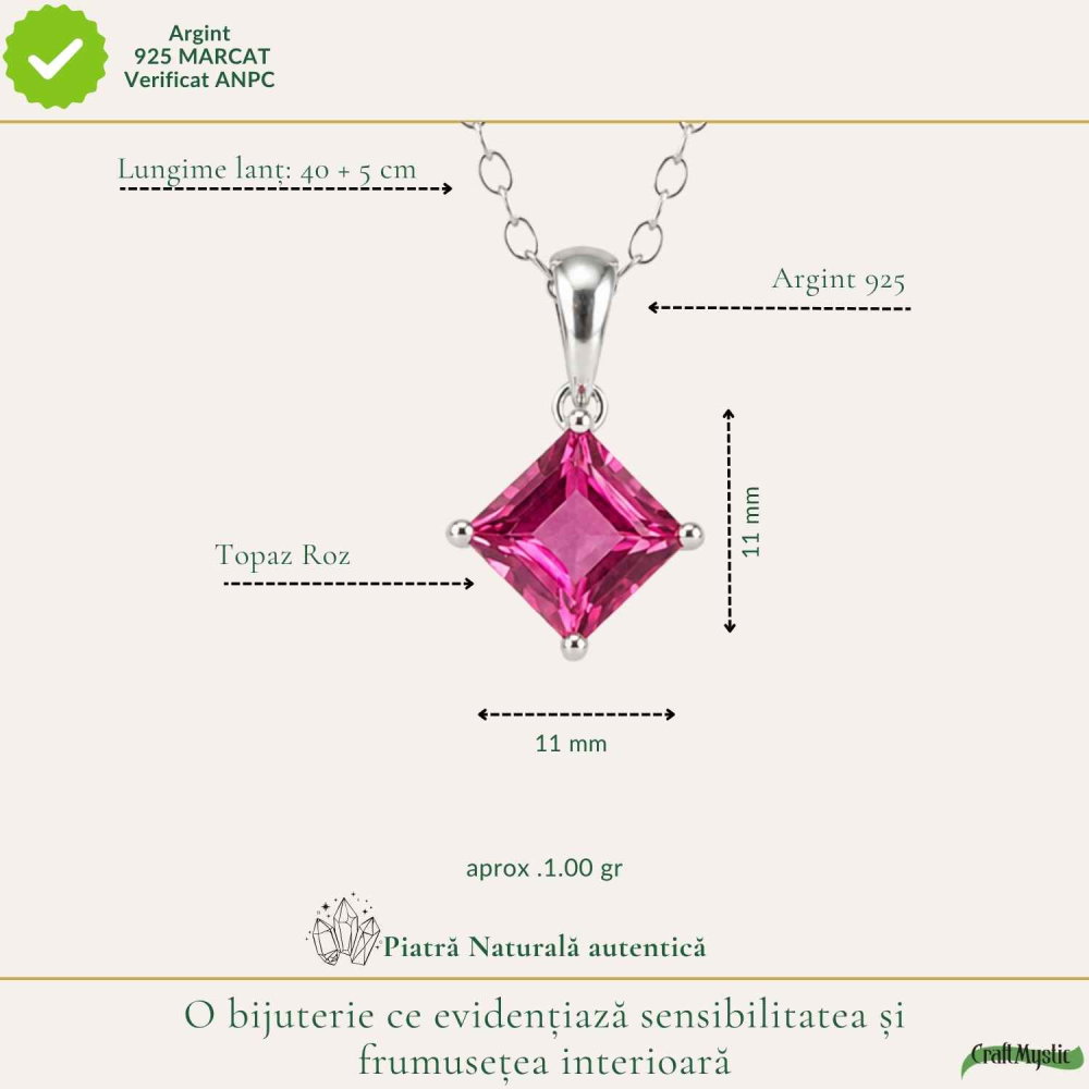 Colier argint 925 cu Topaz Roz forma de patrat – Iubire si echilibru emotional [4]