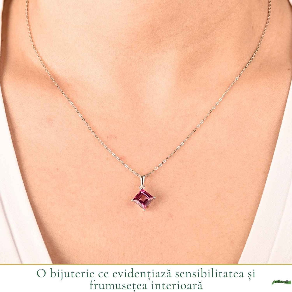 Colier argint 925 cu Topaz Roz forma de patrat – Iubire si echilibru emotional [2]