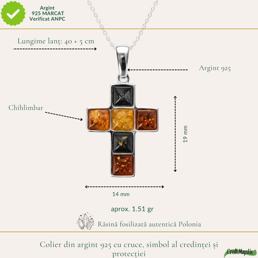 Colier Argint 925 Cruce cu Chihlimbar Natural în 3 Culori – Protectie si Energie Calda [4]