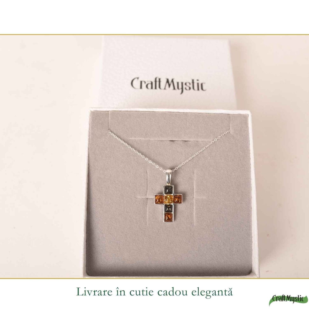Colier Argint 925 Cruce cu Chihlimbar Natural în 3 Culori – Protectie si Energie Calda [6]